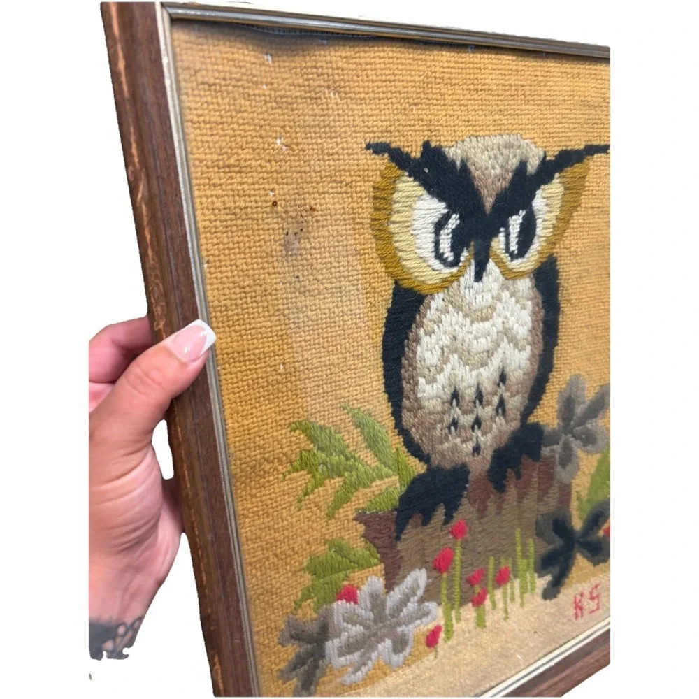 Vintage Framed Needlepoint Needlepoint Owl Wall Hanging Framed Art Retro 16x20